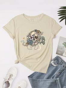 SHEIN LUNE Skull And Floral Print Tee - Beige - View 1