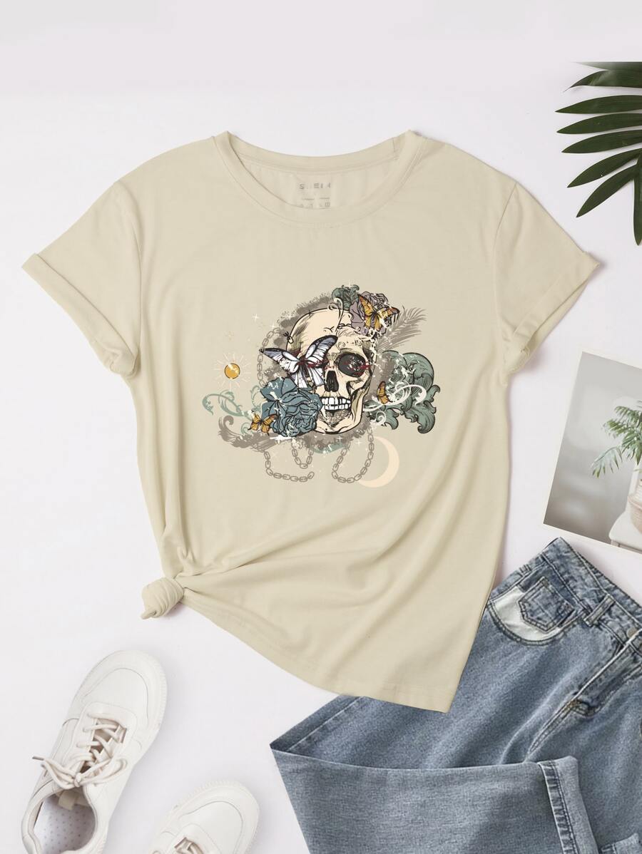 SHEIN LUNE Skull And Floral Print Tee - Beige - View 1