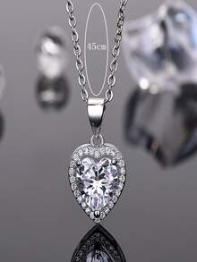 Cubic Zirconia Heart Charm Necklace - Silver - View 4