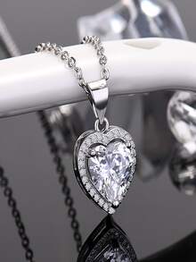 Cubic Zirconia Heart Charm Necklace - Silver - View 5