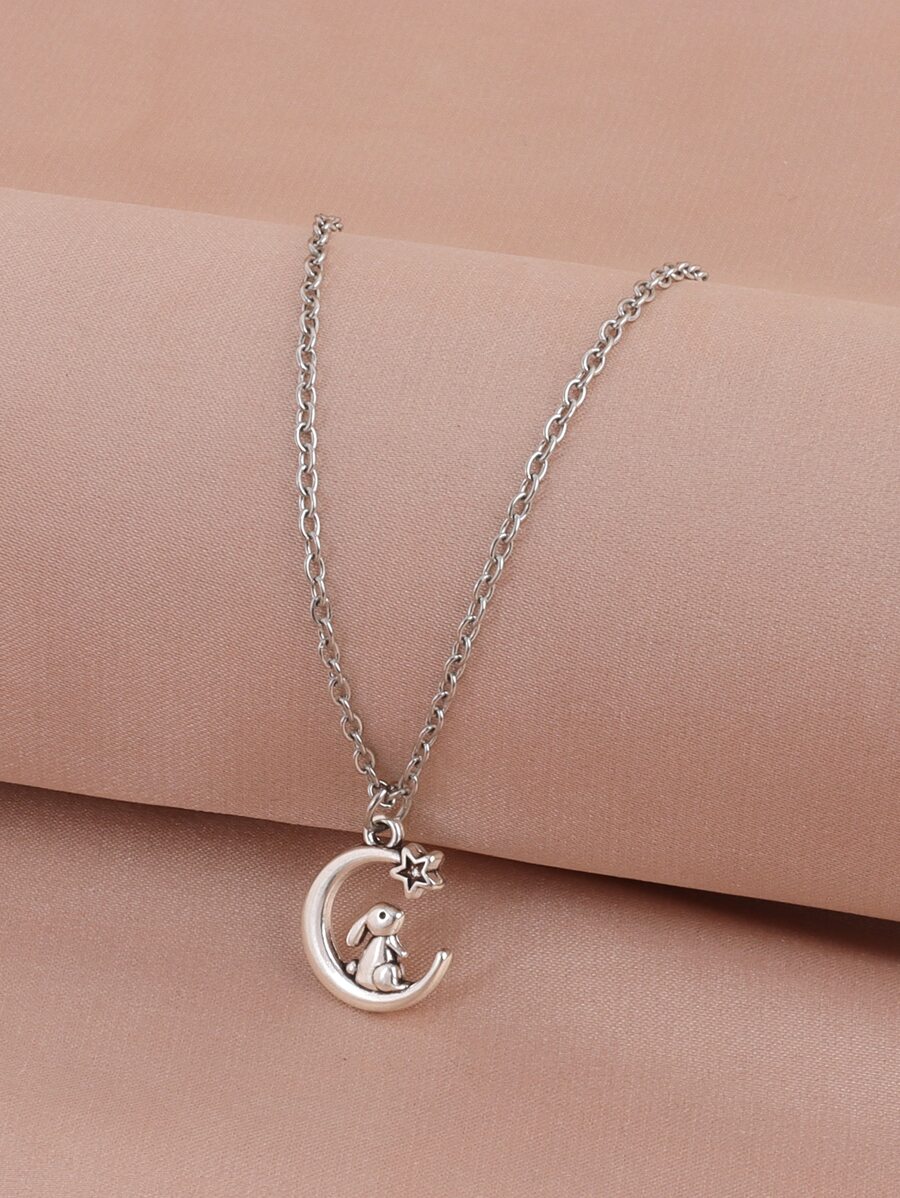 Moon & Rabbit Charm Necklace - Antique Silver - View 1