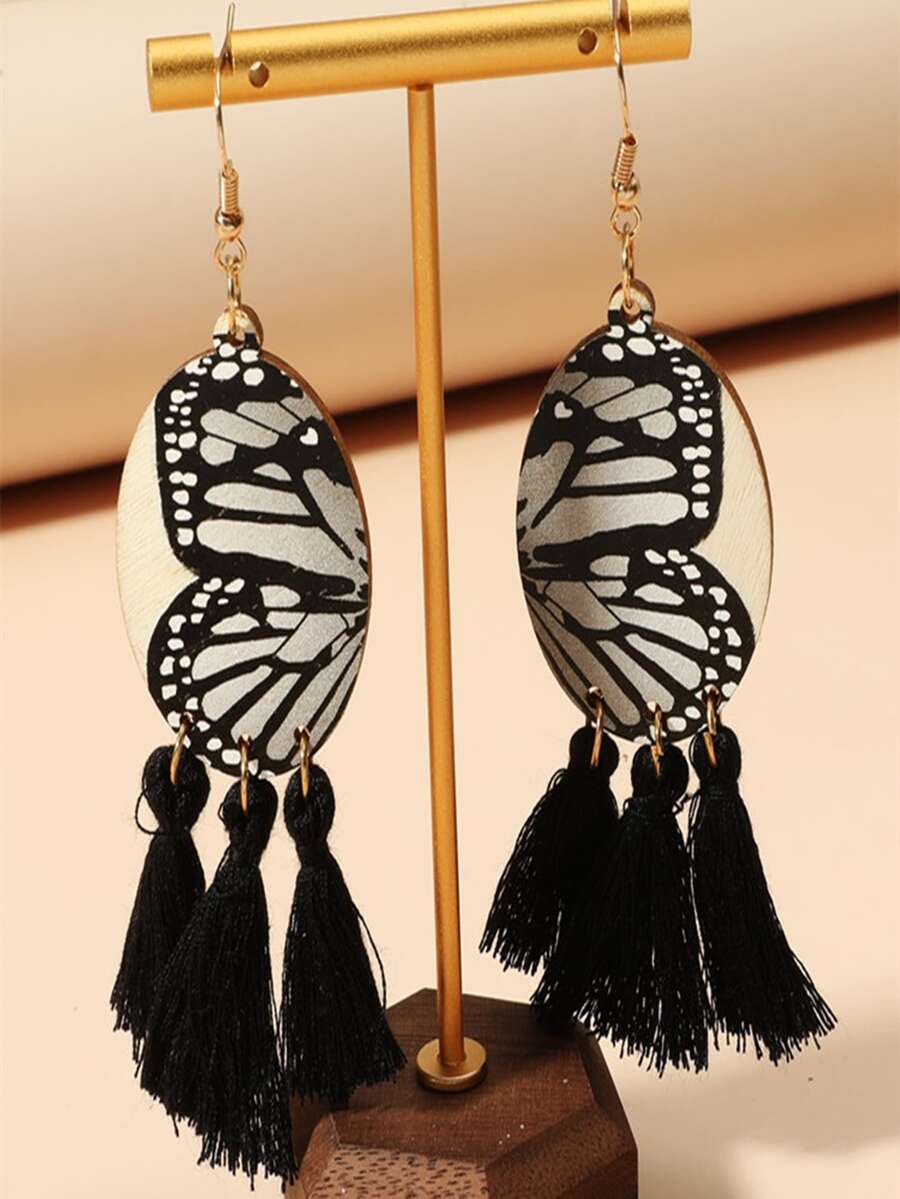 Butterfly & Tassel Drop Earrings - Black - View 1