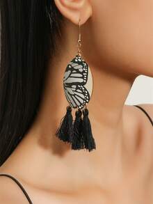 Butterfly & Tassel Drop Earrings - Black - View 2