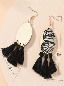 Butterfly & Tassel Drop Earrings - Black - View 3