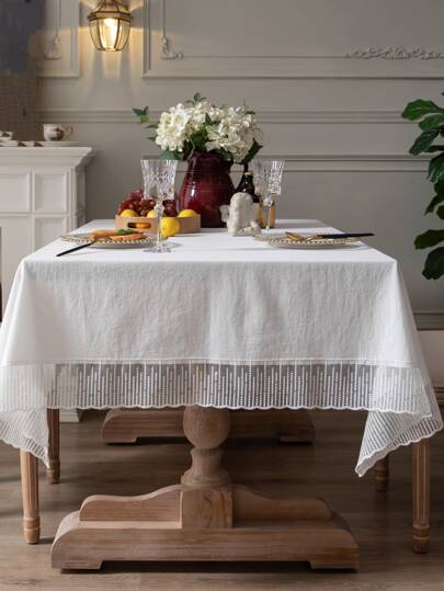 1pc Fabric Tablecloth, Contrast Lace White Decorative Table Cover For Dining Table