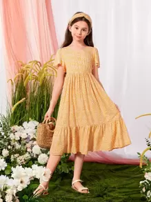 SHEIN Girls Ditsy Floral Print Ruffle Hem Dress