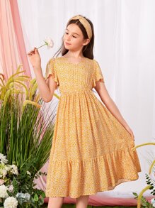 SHEIN Girls Ditsy Floral Print Ruffle Hem Dress