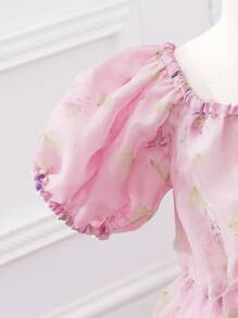 SHEIN 小女童印花泡泡袖前蝴蝶結荷葉邊歐根紗洋裝