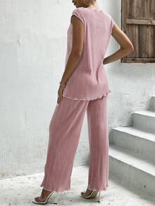 Solid Lettuce Trim Blouse & Trousers - Baby Pink - View 2