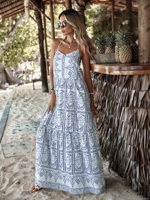 SHEIN VCAY Allover Print Tie Front Ruffle Hem Cami Dress - Blue and White - View 4