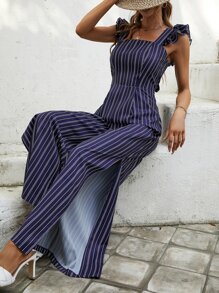 SHEIN VCAY Striped Tie Backless Ruffle Trim Split Thigh Jumpsuit - Blue - View 5