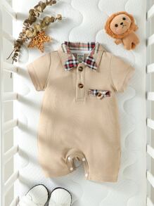 Baby Boy Plaid Print Polo Neck Romper - Apricot - View 1