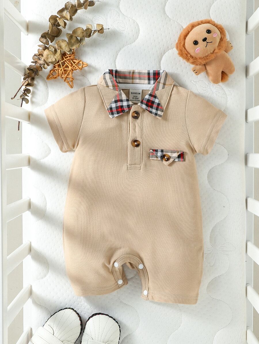 Baby Boy Plaid Print Polo Neck Romper - Apricot - View 1