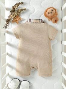 Baby Boy Plaid Print Polo Neck Romper - Apricot - View 2