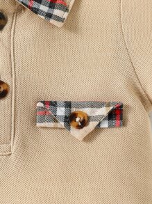 Baby Boy Plaid Print Polo Neck Romper - Apricot - View 6