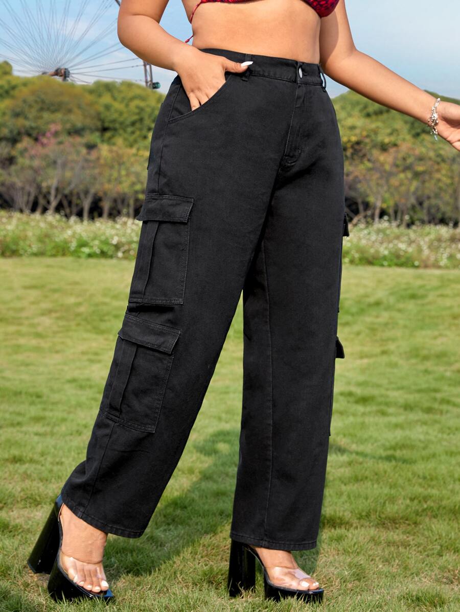 SHEIN VCAY Plus High Waist Flap Pocket Side Cargo Jeans - Black - View 1