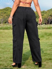 SHEIN VCAY Plus High Waist Flap Pocket Side Cargo Jeans - Black - View 2