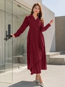 Modelyn Burgundy Red Solid Lapel Neck Wrap Hem Dress - Burgundy - View 3