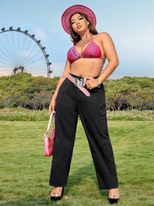 SHEIN VCAY Plus High Waist Flap Pocket Side Cargo Jeans - Black - View 5