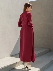 Modelyn Burgundy Red Solid Lapel Neck Wrap Hem Dress - Burgundy - View 2