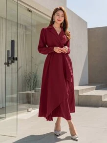 Modelyn Burgundy Red Solid Lapel Neck Wrap Hem Dress - Burgundy - View 5