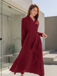 Modelyn Burgundy Red Solid Lapel Neck Wrap Hem Dress - Burgundy - View 6
