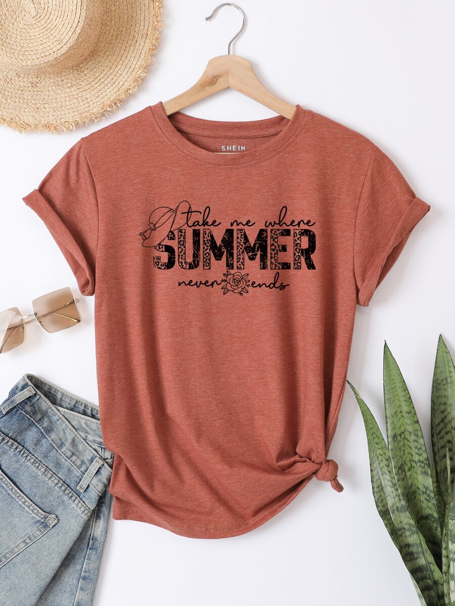 INAWLY Camiseta con estampado de slogan - Naranja Quemada - Ver 1