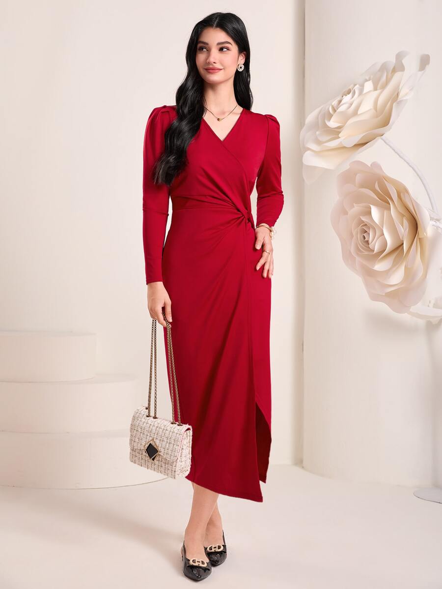 Modelyn Solid Twist Front Wrap Hem Dress - Red - View 1