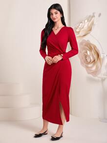 Modelyn Solid Twist Front Wrap Hem Dress - Red - View 3