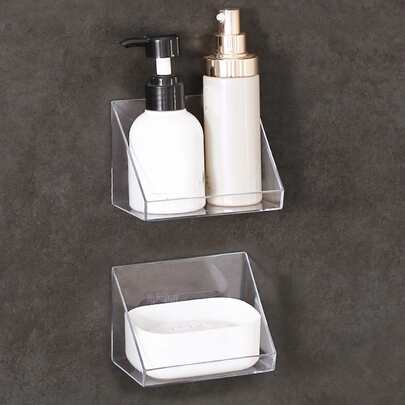 1个透明壁挂式收纳架，自粘式墙面整理架，适用于家庭浴室