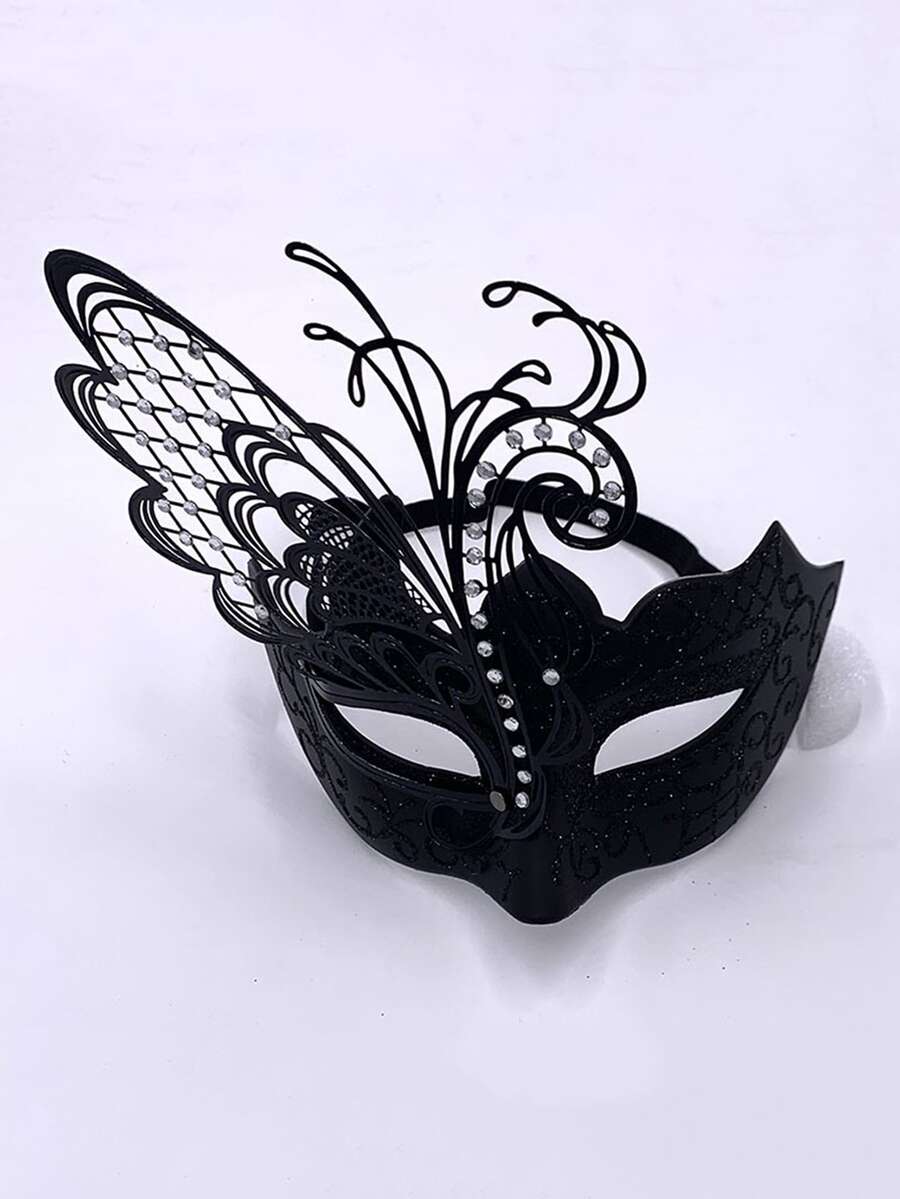 1pc Unisex Rhinestone & Butterfly Decor Fashionable Costume Face Shield For Party - Black - View 1