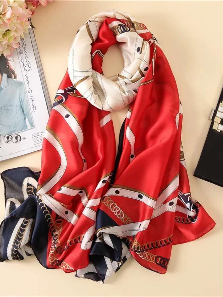 1pc Women Chain Print Polyester Fashionable  Scarf For Daily Decoration - Red - View 1