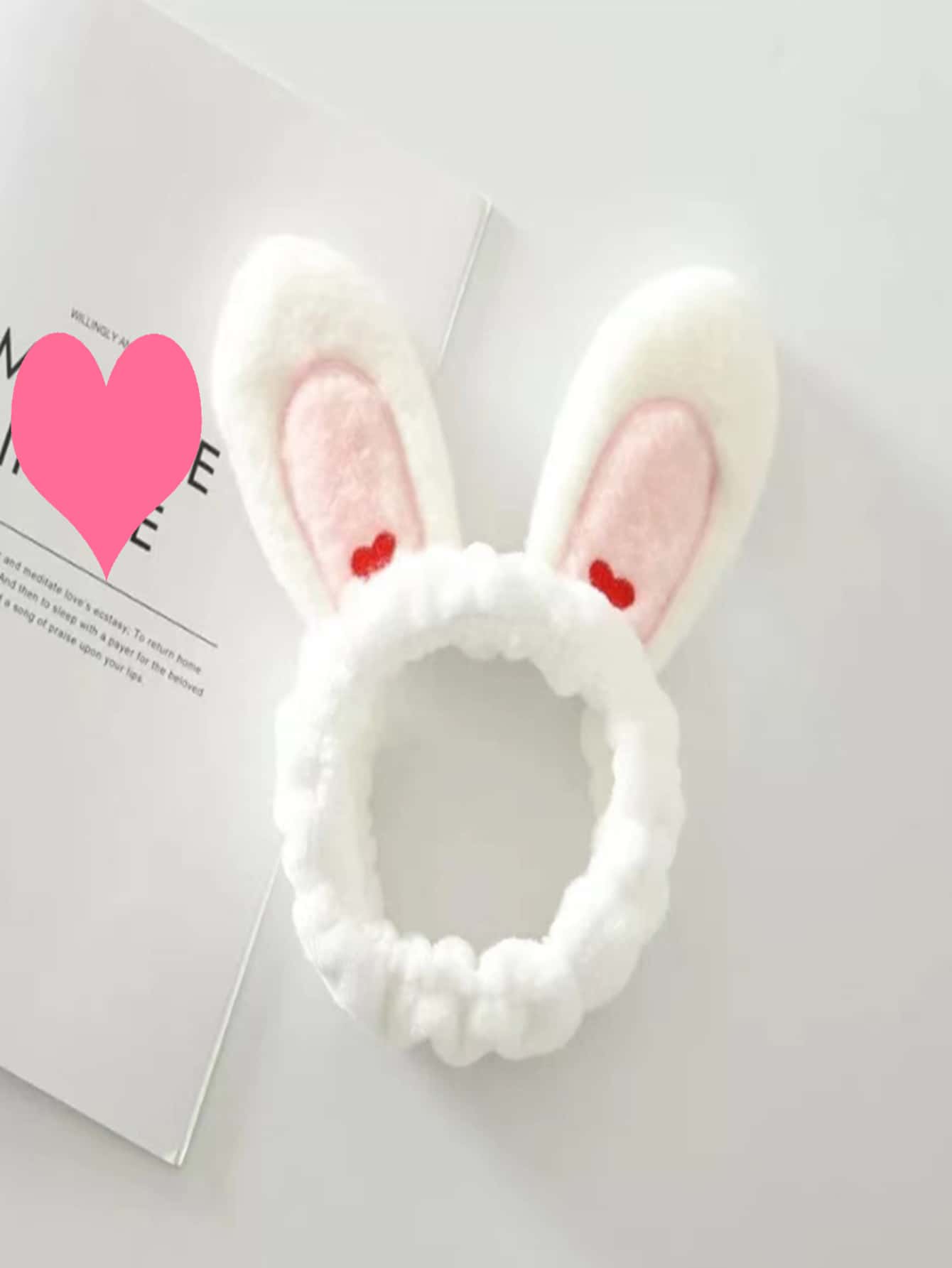 1pc Heart Pattern Bath Headband, Elastic Rabbit Ear Decor Facial Makeup Headband For Bathroom - White - View 1