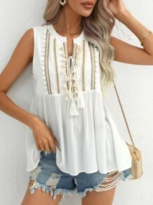 SHEIN VCAY Contrast Tape Tassel Tie Neck Peplum Blouse - White - View 1