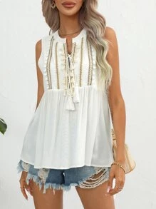 SHEIN VCAY Contrast Tape Tassel Tie Neck Peplum Blouse - White - View 4