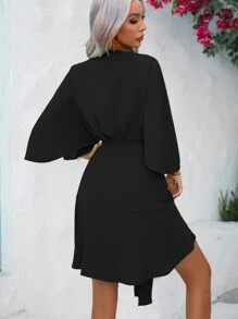 Breezaya Vestido estilo envoltura con mangas tipo murciélago y nudo lateral para vacaciones y playa, para mujer