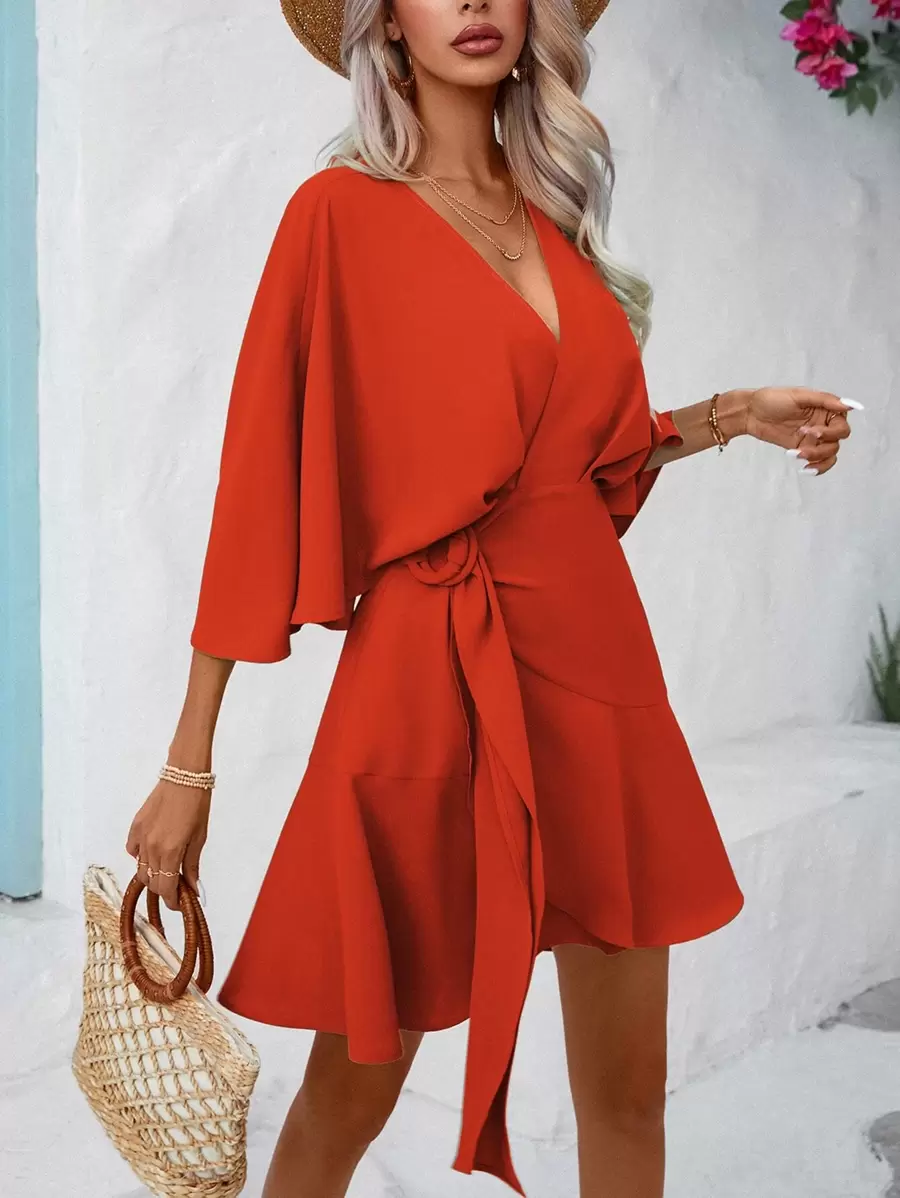 Breezaya Solid Batwing Sleeve Ruffle Hem Wrap Dress - Burnt Orange - View 1