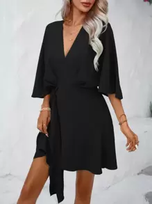 Breezaya Vestido estilo envoltura con mangas tipo murciélago y nudo lateral para vacaciones y playa, para mujer