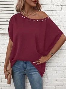 SHEIN LUNE 珍珠串珠蝙蝠袖襯衫 - 酒紅色 - 查看 1