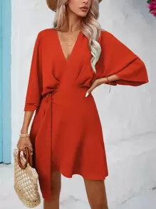 Breezaya Solid Batwing Sleeve Ruffle Hem Wrap Dress - Burnt Orange - View 3