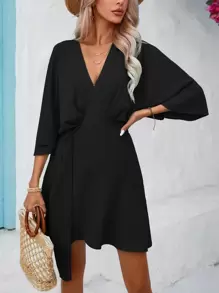 Breezaya Vestido estilo envoltura con mangas tipo murciélago y nudo lateral para vacaciones y playa, para mujer