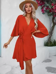 Breezaya Solid Batwing Sleeve Ruffle Hem Wrap Dress - Burnt Orange - View 4