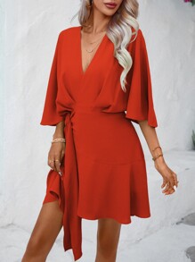 Breezaya Solid Batwing Sleeve Ruffle Hem Wrap Dress - Burnt Orange - View 5