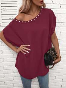 SHEIN LUNE 珍珠串珠蝙蝠袖襯衫 - 酒紅色 - 查看 4