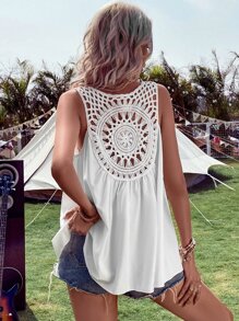 Breezaya Solid Contrast Crochet Sleeveless Blouse - White - View 2