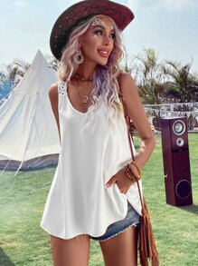 Breezaya Solid Contrast Crochet Sleeveless Blouse - White - View 4
