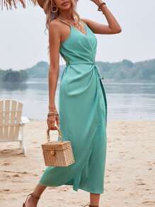 SHEIN VCAY Solid Wrap Knot Side Satin Cami Dress - Green - View 6