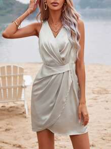 SHEIN Clasi Solid Wrap Hem Satin Dress - Champagne - View 2