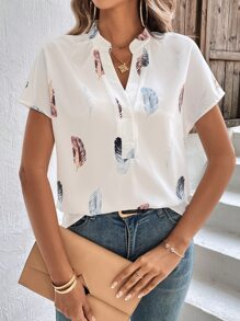 SHEIN LUNE Feather Print Batwing Sleeve Popover Blouse - White - View 2