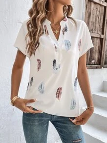 SHEIN LUNE Feather Print Batwing Sleeve Popover Blouse - White - View 4